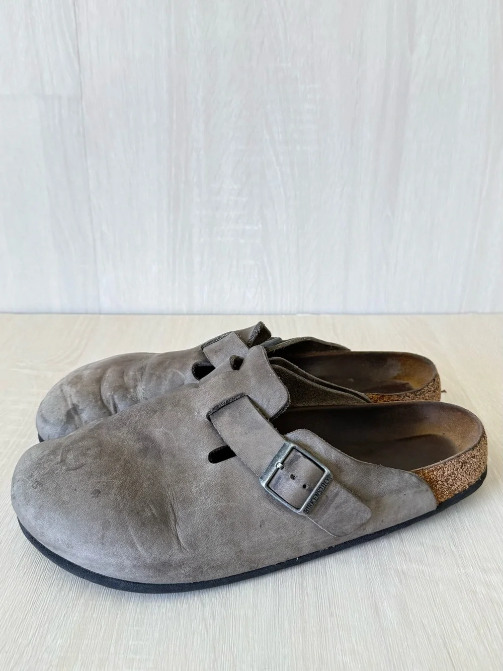 Birkenstock Boston Clogs Gray Taupe Leather Buckle Slip On Shoes Size 44